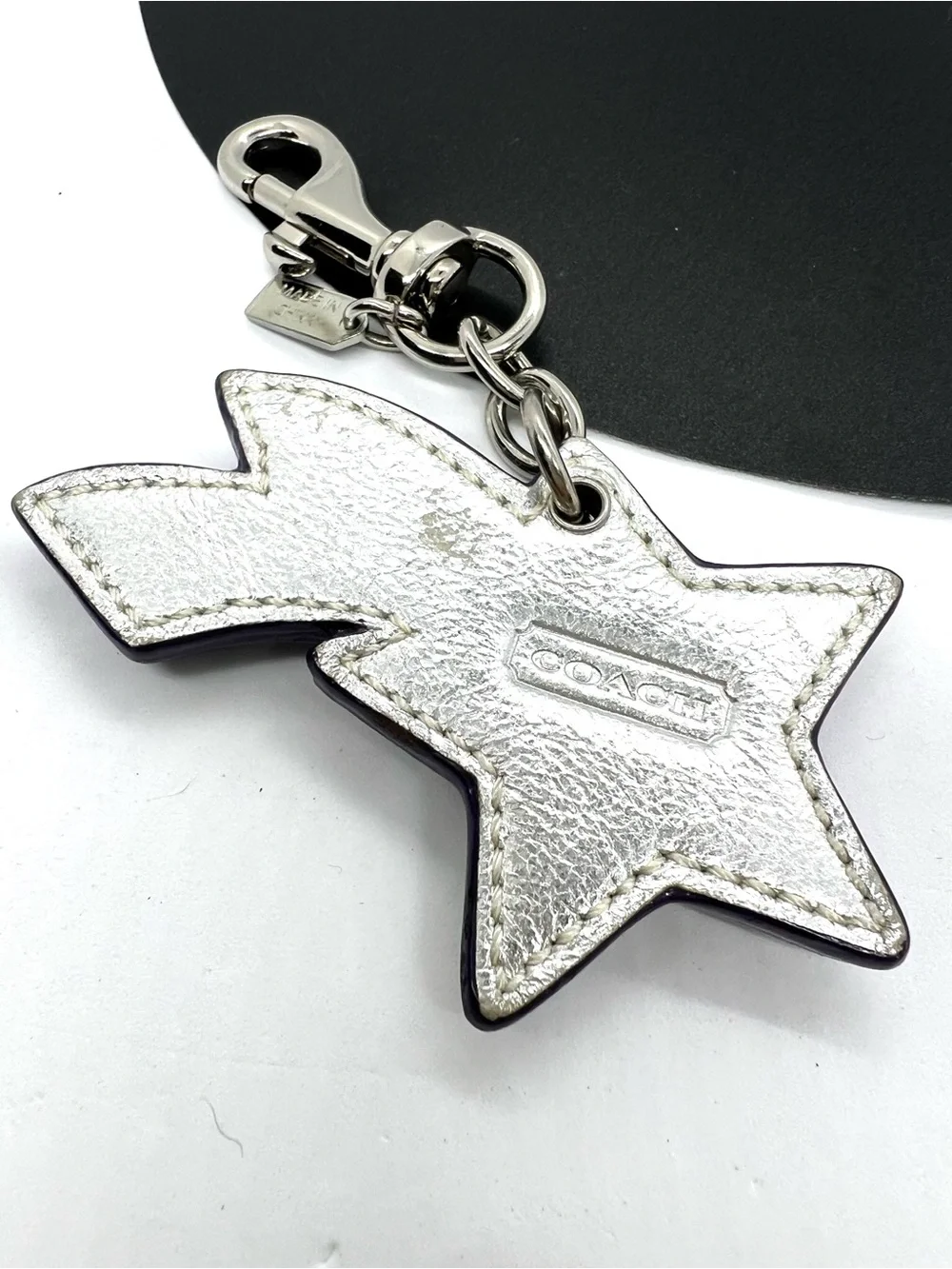 Authentic Coach Shooting Star Metallic Leather Rhinestone Bag Charm Keychain